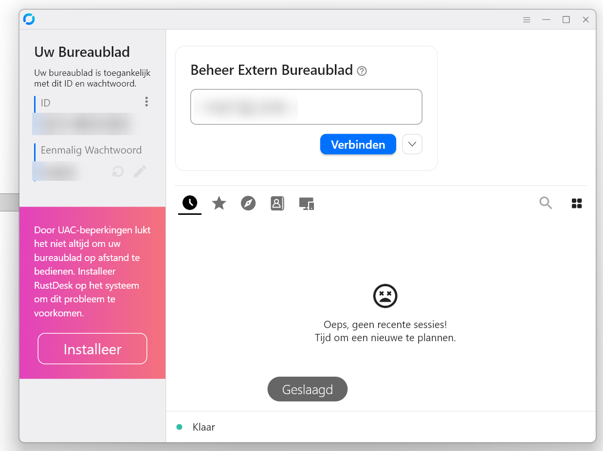 Het RustDesk-venster: links het ID en het eenmalige wachtwoord, daaronder de knop Installeer.