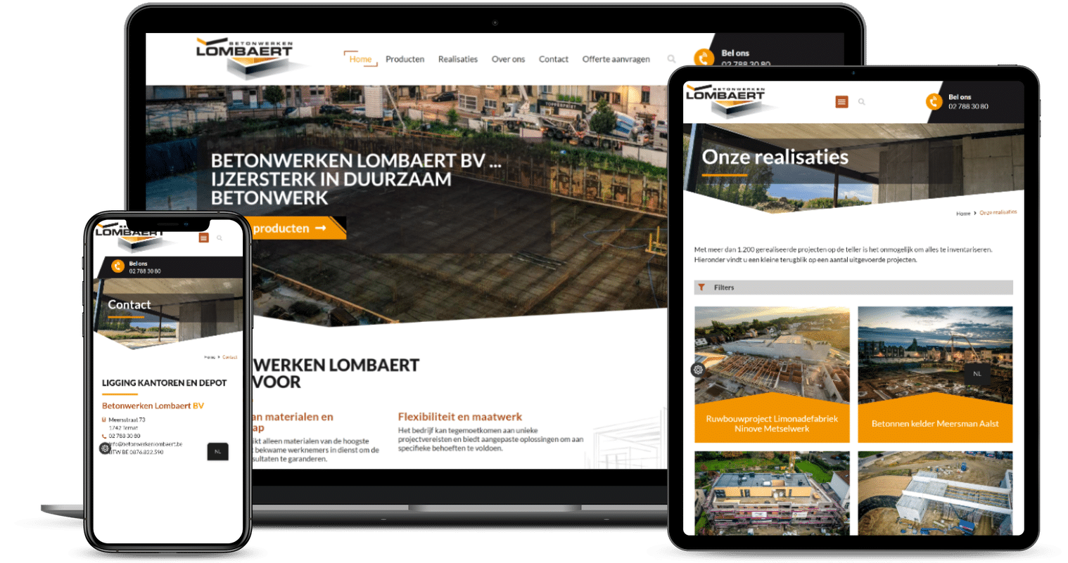 De website van Betonwerken Lombaert op laptop en smartphone