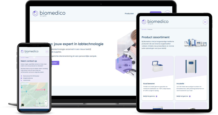 De website van Biomedico op laptop en smartphone