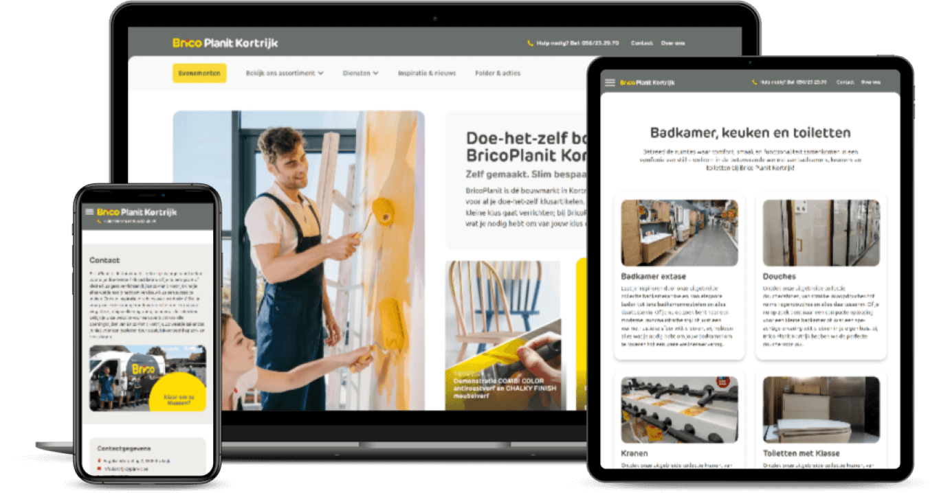 De website van Brico Planit Kortrijk op laptop en smartphone