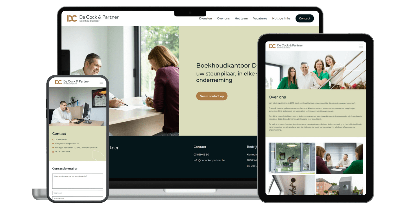 De website van De Cock & Partner op laptop en smartphone