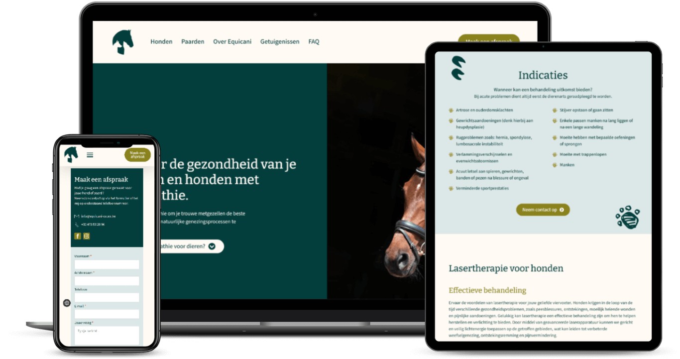 De website van Equicani Osteopathie op laptop en smartphone