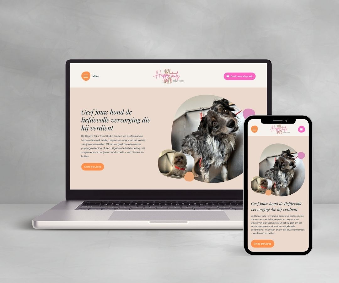 De website van Happy Tails Trim Studio op laptop en smartphone