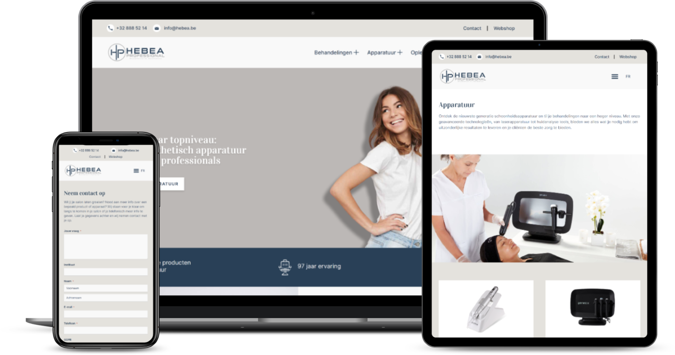 De website van Hebea op laptop en smartphone