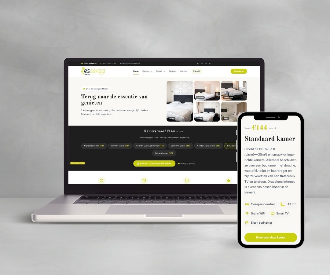 De website van Hotel Essenza op laptop en smartphone