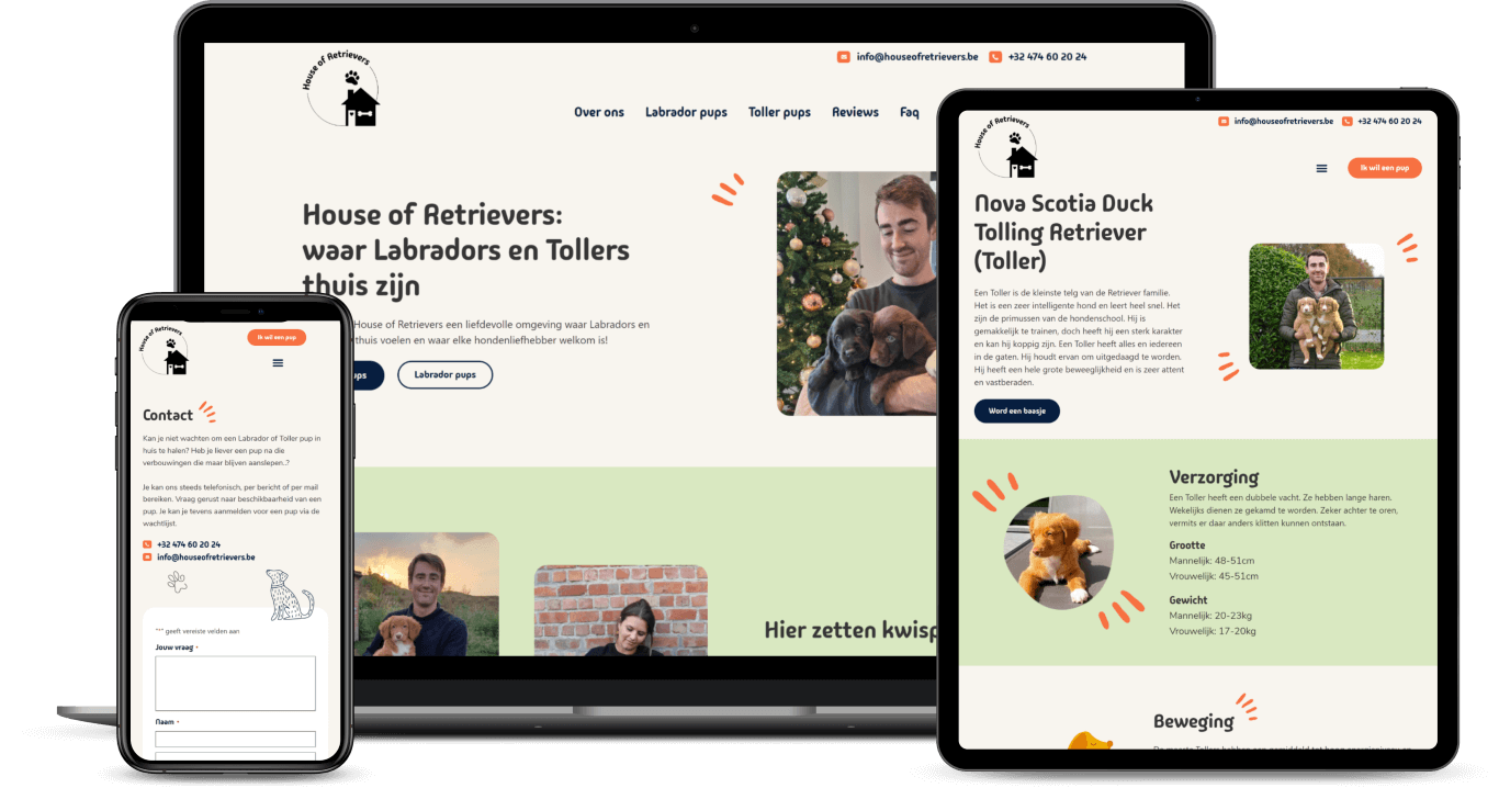 De website van House of retrievers op laptop en smartphone