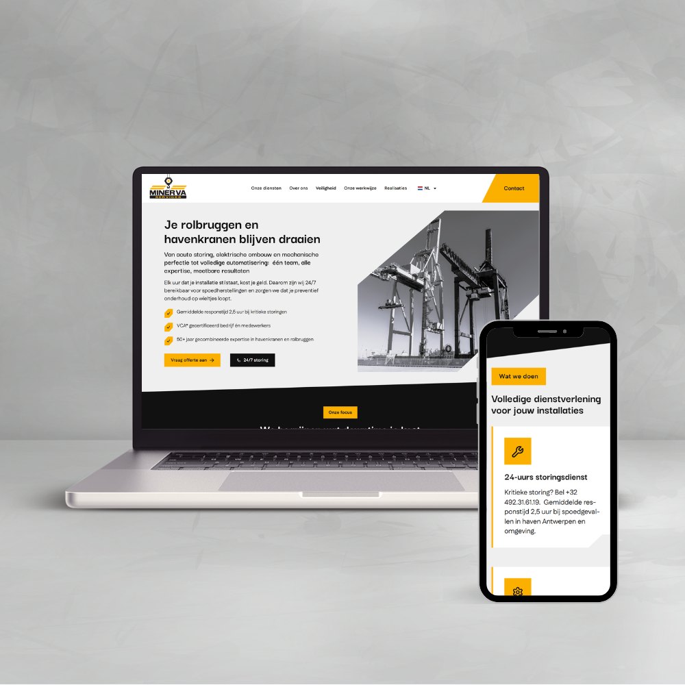 De website van Minerva Services op laptop en smartphone