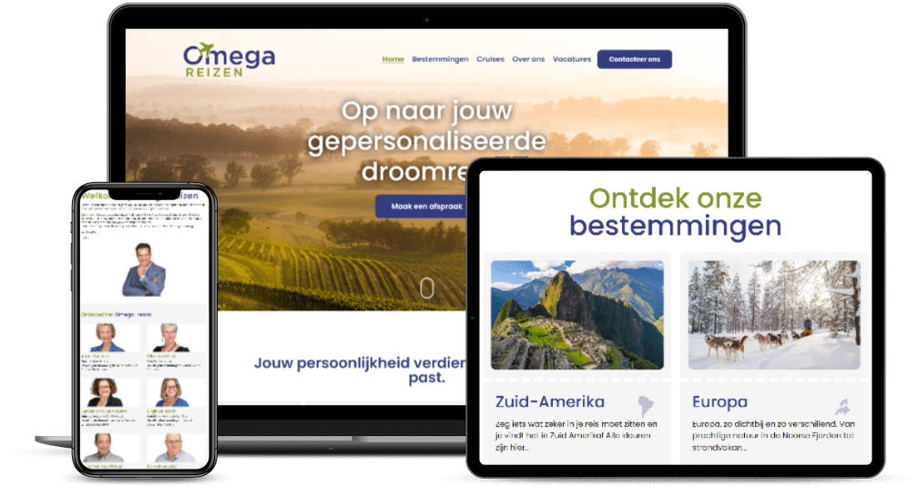 De website van Omega Reizen op laptop en smartphone