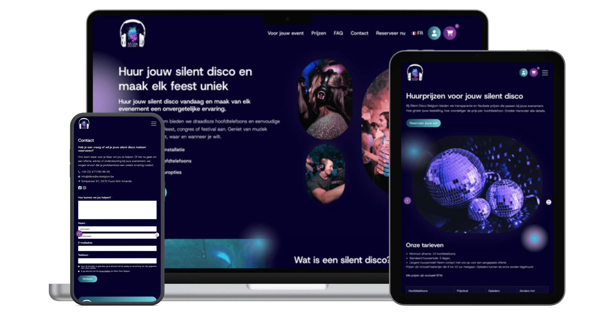 De website van Silent Disco op laptop en smartphone
