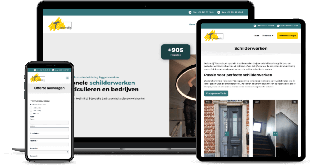 De website van T-decoratie op laptop en smartphone