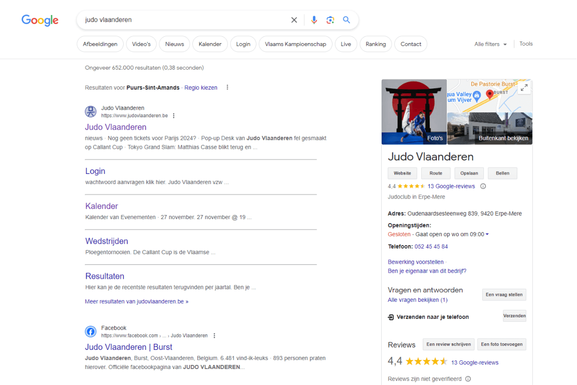 Judo Vlaanderen staat op de eerste positie in de Google SERP